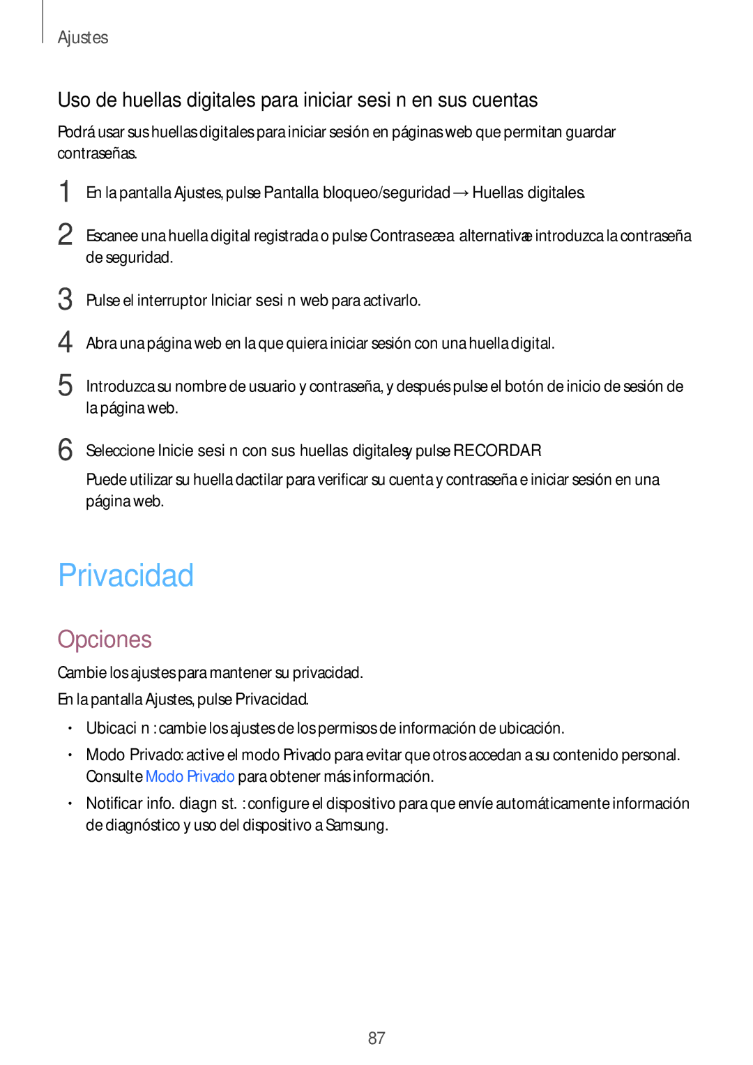 Samsung SM-T710NZWEPHE, SM-T710NZKEPHE manual Privacidad, Uso de huellas digitales para iniciar sesión en sus cuentas 