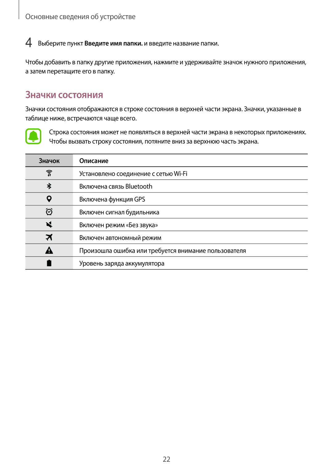 Samsung SM-T710NZKESER, SM-T710NZWESER manual Значки состояния, Значок Описание 