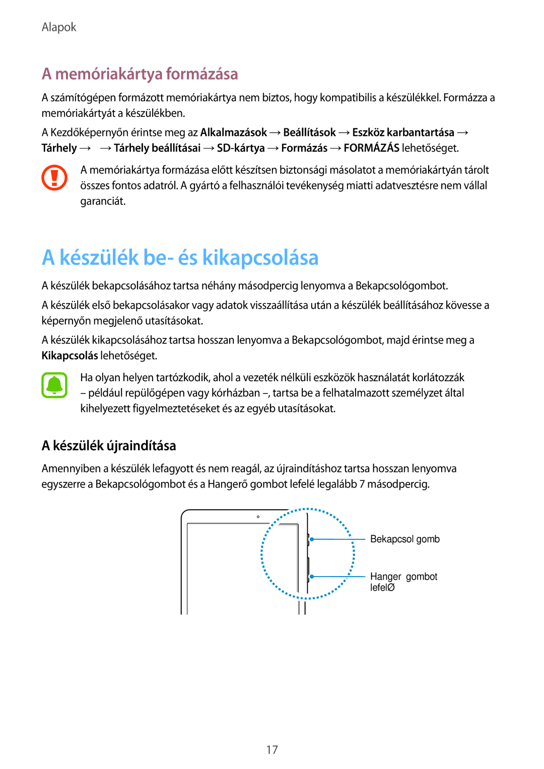 Samsung SM-T810NZKEXEH, SM-T710NZKEXEH manual Készülék be- és kikapcsolása, Memóriakártya formázása, Készülék újraindítása 