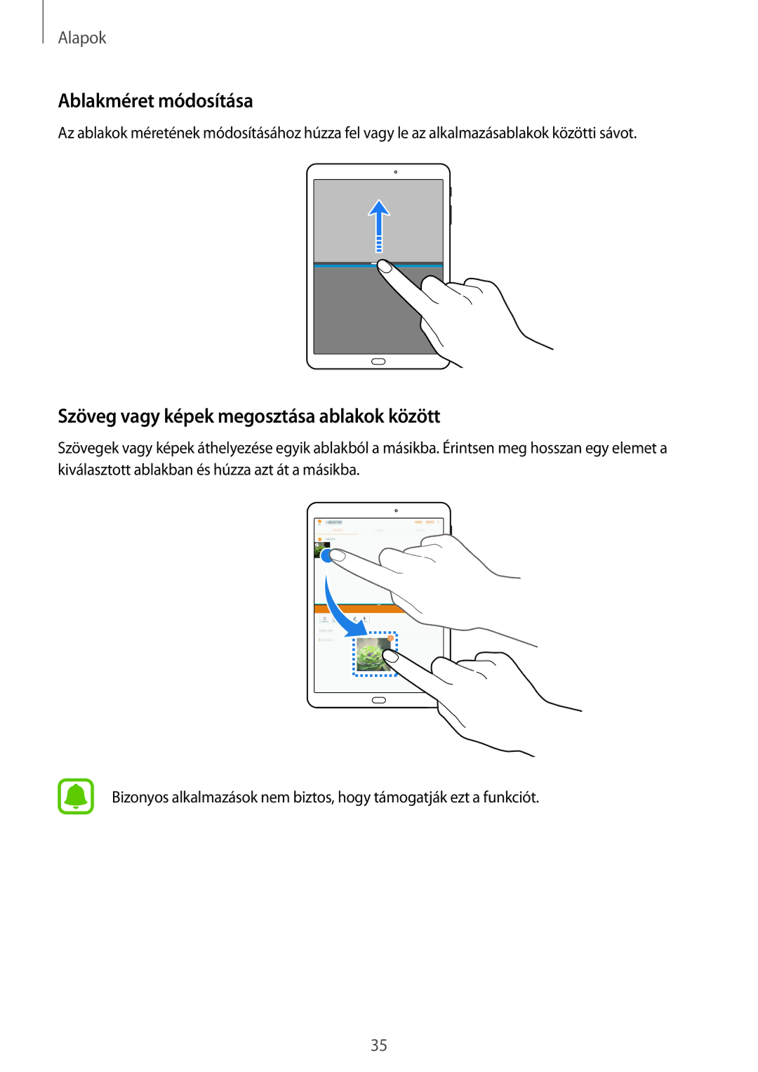 Samsung SM-T810NZWEXEH, SM-T710NZKEXEH, SM-T810NZKEXEH Ablakméret módosítása, Szöveg vagy képek megosztása ablakok között 