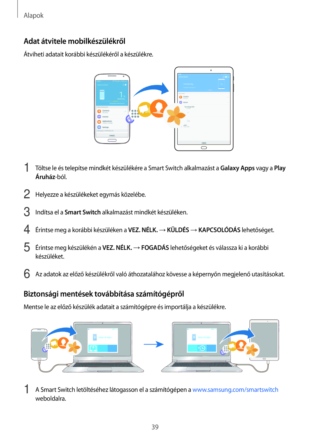 Samsung SM-T810NZWEXEH, SM-T710NZKEXEH manual Adat átvitele mobilkészülékről, Biztonsági mentések továbbítása számítógépről 