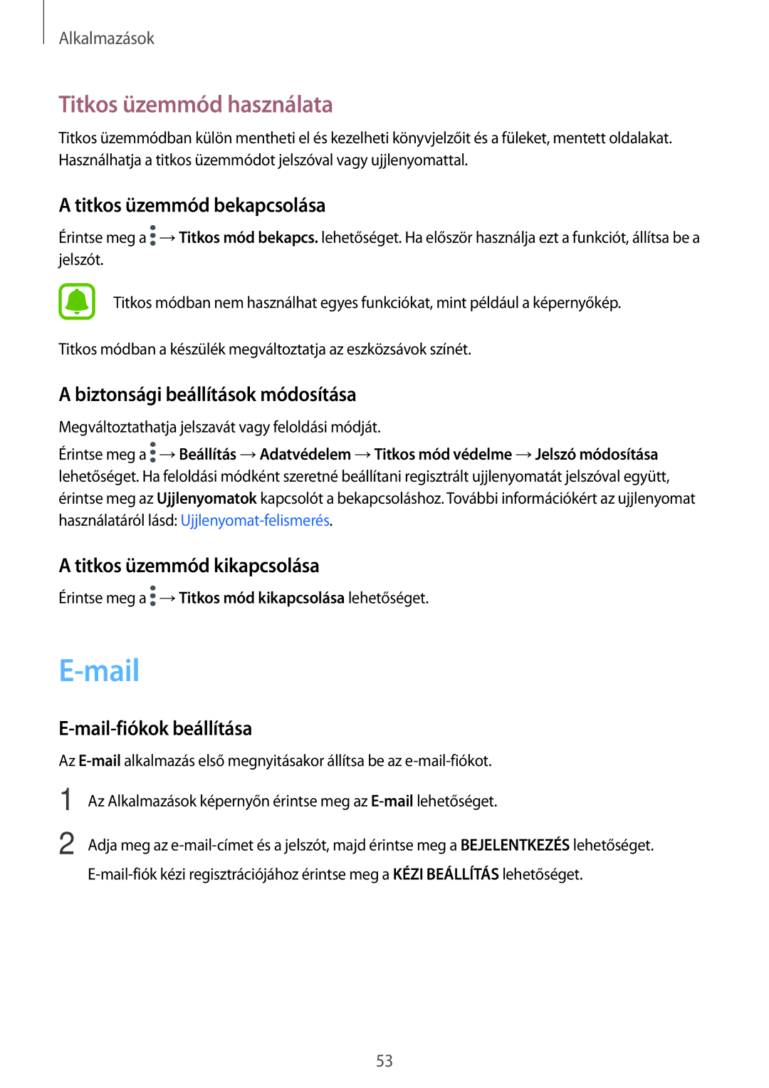 Samsung SM-T810NZKEXEH, SM-T710NZKEXEH, SM-T710NZWEXEH, SM-T810NZWEXEH manual Mail, Titkos üzemmód használata 