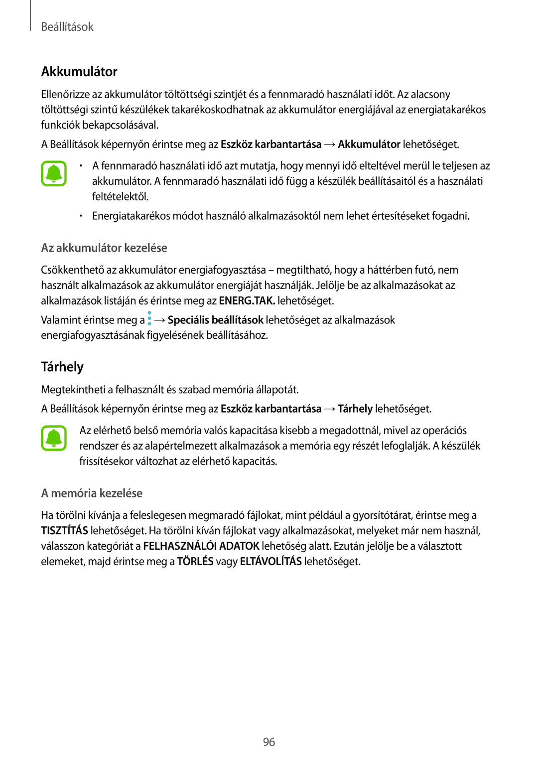 Samsung SM-T710NZKEXEH, SM-T810NZKEXEH, SM-T710NZWEXEH, SM-T810NZWEXEH manual Akkumulátor, Tárhely 