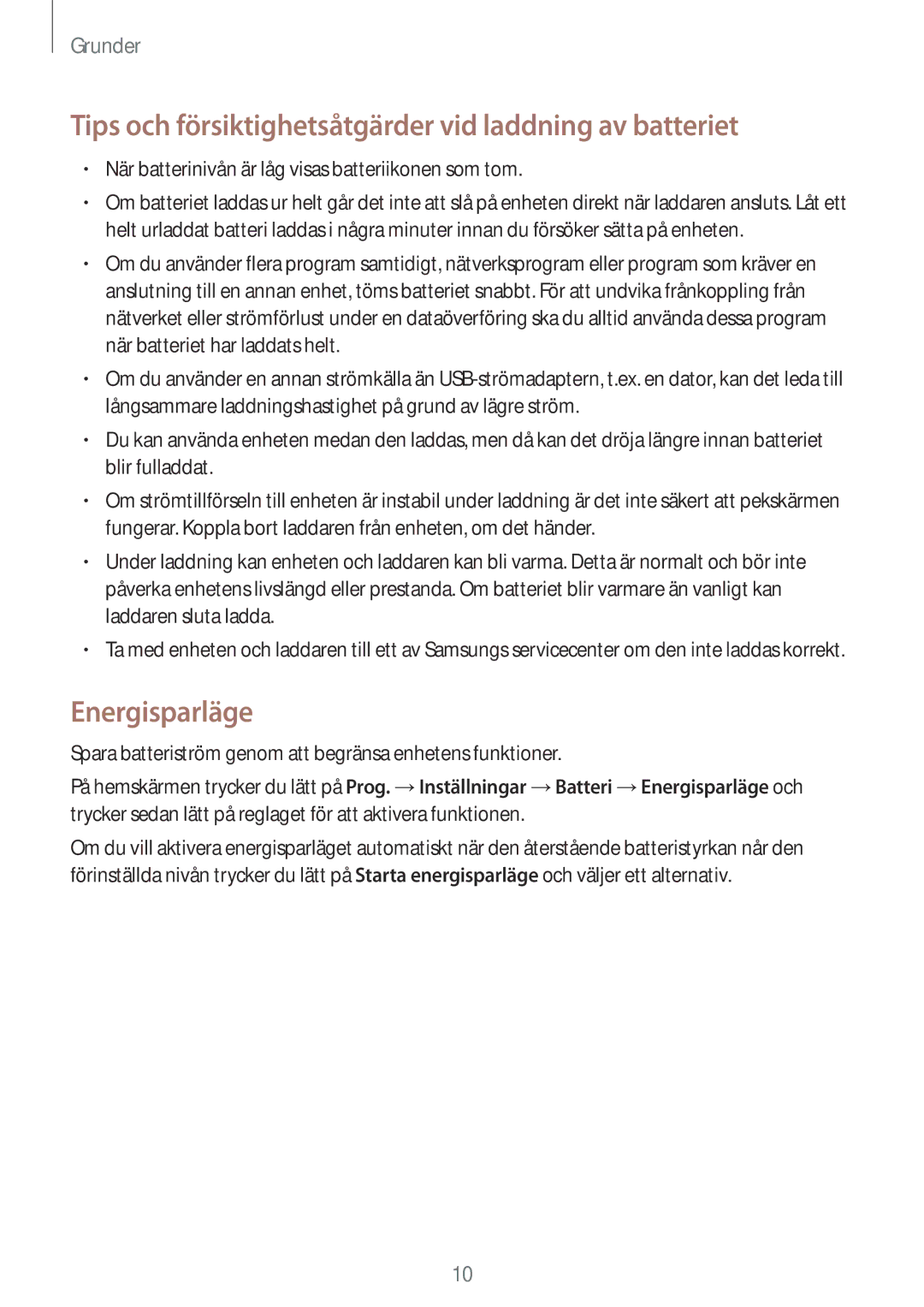 Samsung SM-T710NZWENEE manual Tips och försiktighetsåtgärder vid laddning av batteriet, Energisparläge 