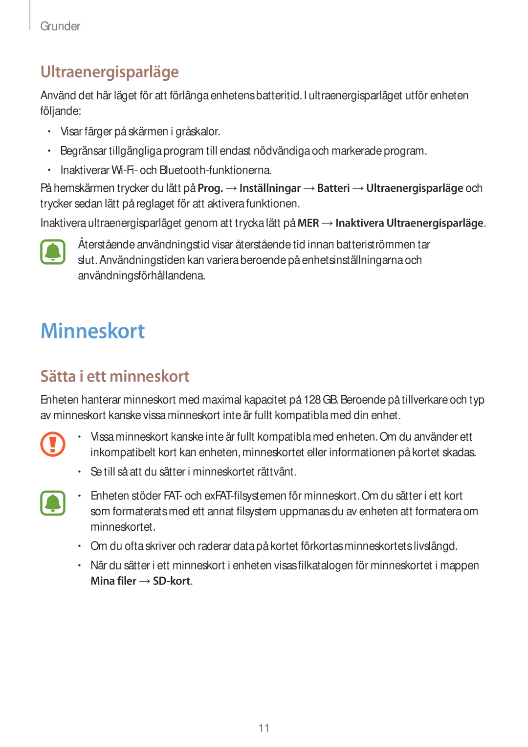 Samsung SM-T710NZWENEE manual Minneskort, Ultraenergisparläge, Sätta i ett minneskort 