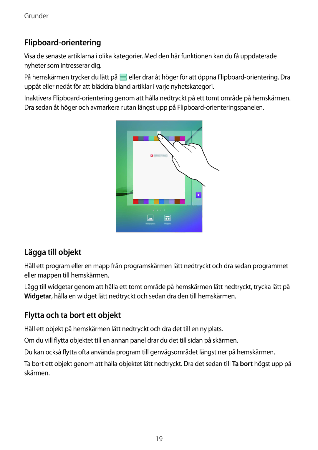 Samsung SM-T710NZWENEE manual Flipboard-orientering, Lägga till objekt, Flytta och ta bort ett objekt 