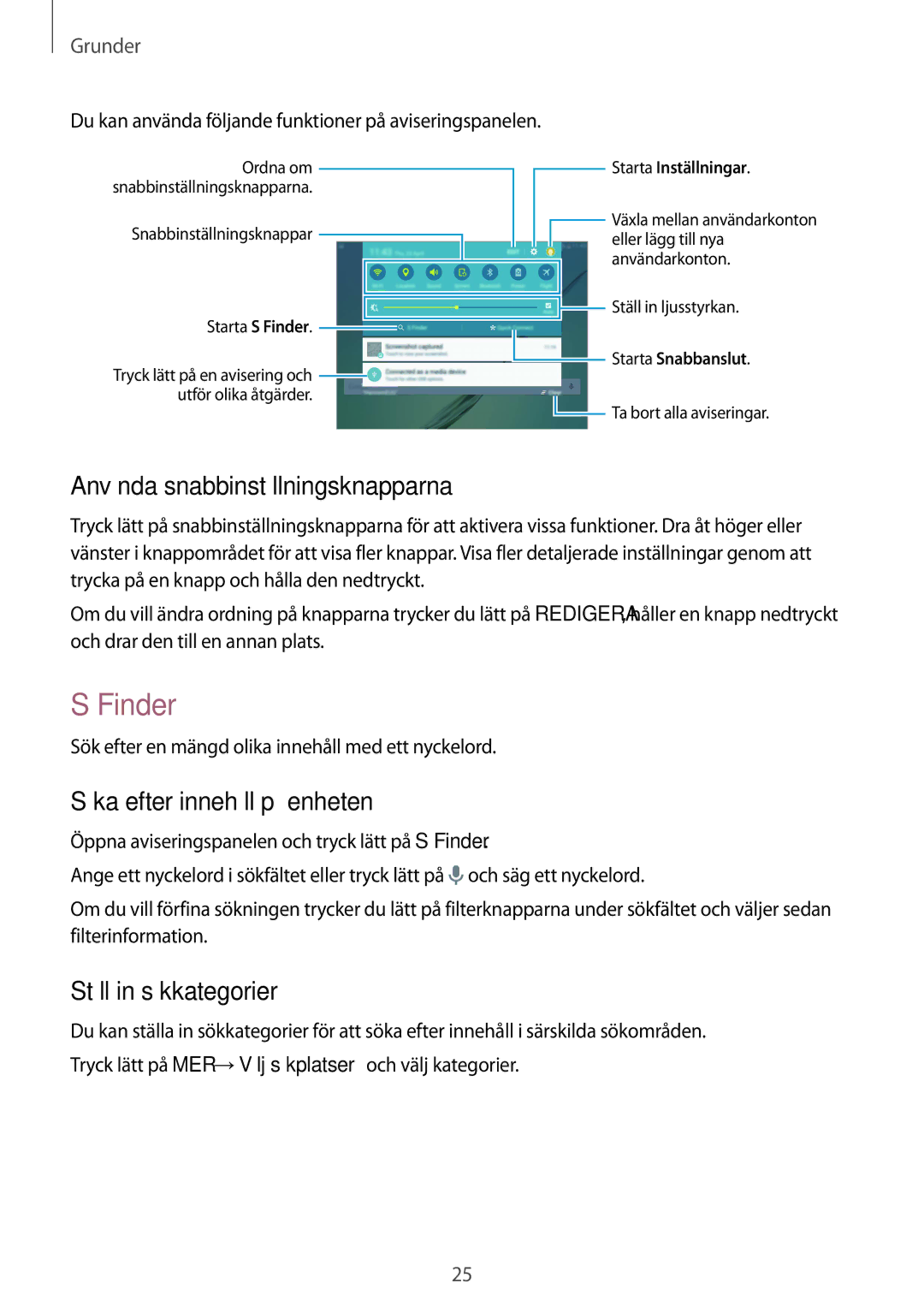 Samsung SM-T710NZWENEE Finder, Använda snabbinställningsknapparna, Söka efter innehåll på enheten, Ställ in sökkategorier 