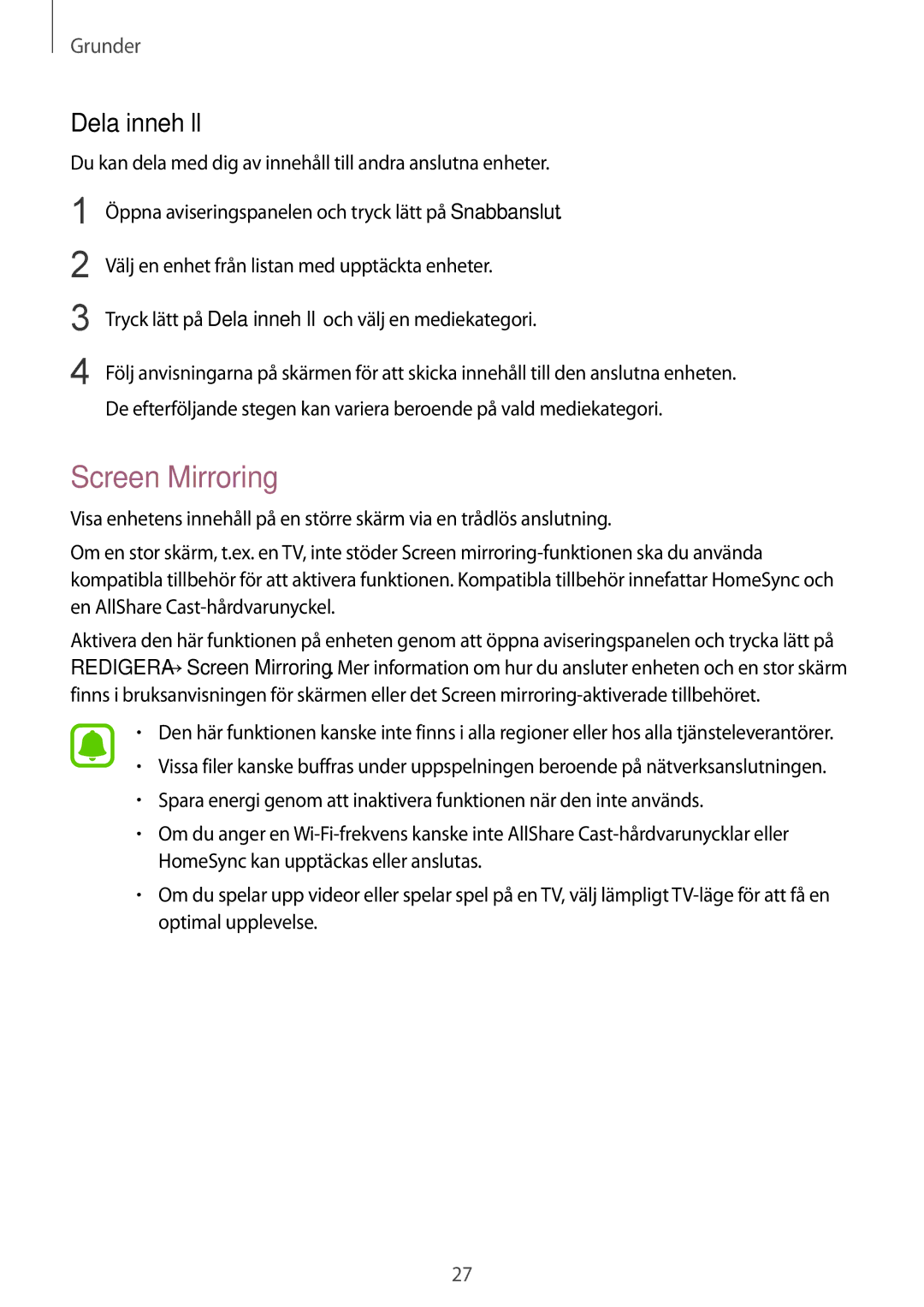 Samsung SM-T710NZWENEE manual Screen Mirroring, Dela innehåll 