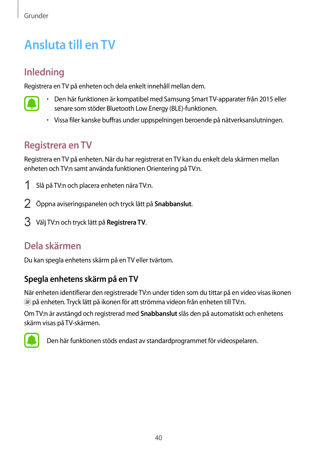 Samsung SM-T710NZWENEE manual Ansluta till en TV, Registrera en TV, Dela skärmen, Spegla enhetens skärm på en TV 