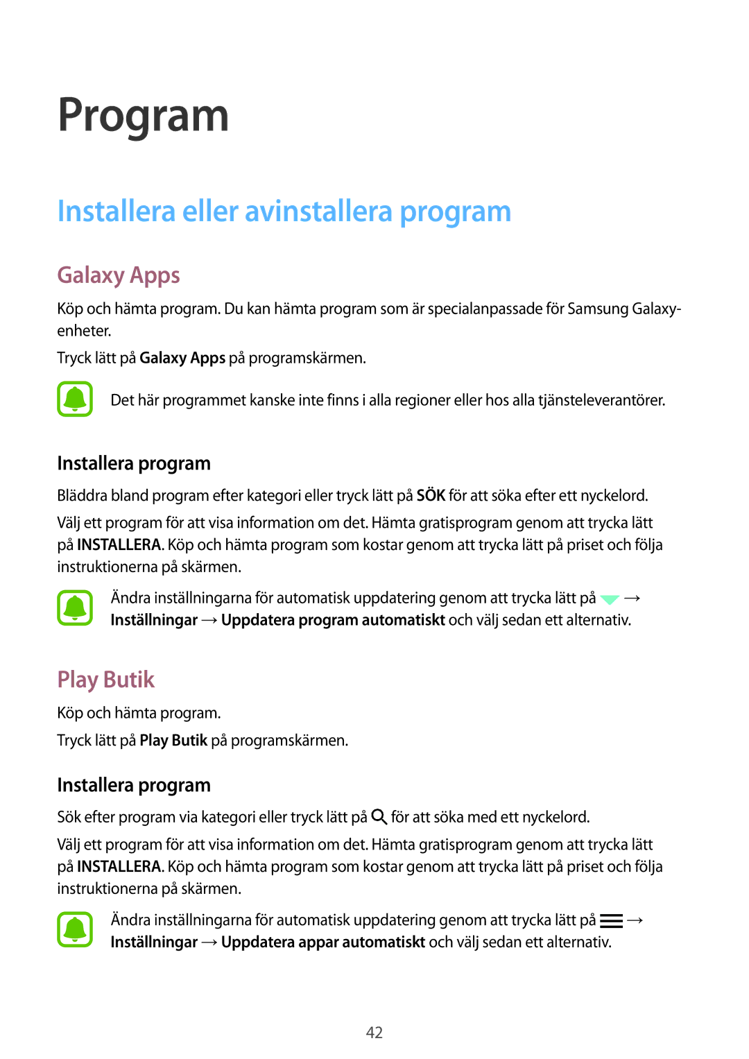 Samsung SM-T710NZWENEE manual Installera eller avinstallera program, Galaxy Apps, Play Butik, Installera program 