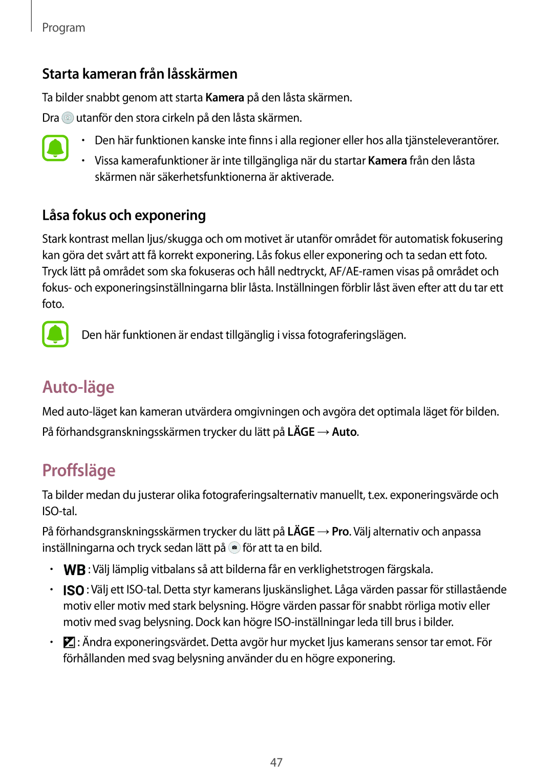 Samsung SM-T710NZWENEE manual Auto-läge, Proffsläge, Starta kameran från låsskärmen, Låsa fokus och exponering 