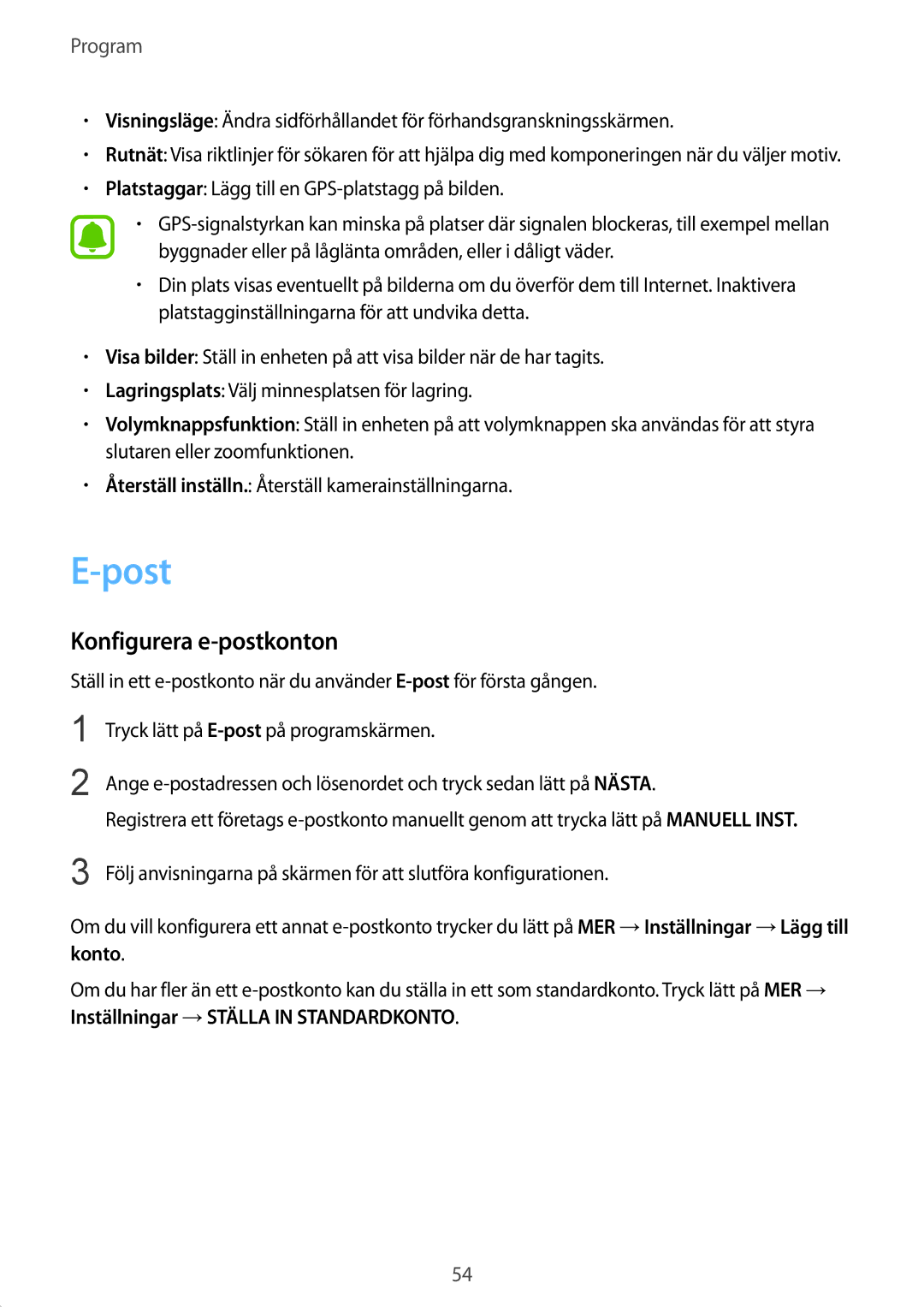 Samsung SM-T710NZWENEE manual Post, Konfigurera e-postkonton 