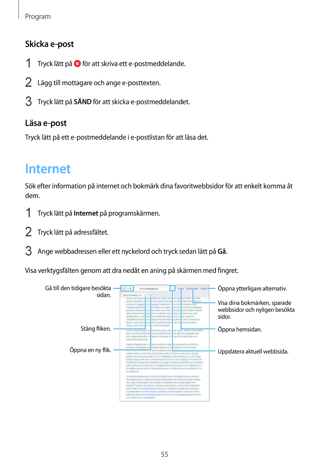 Samsung SM-T710NZWENEE manual Internet, Skicka e-post, Läsa e-post 