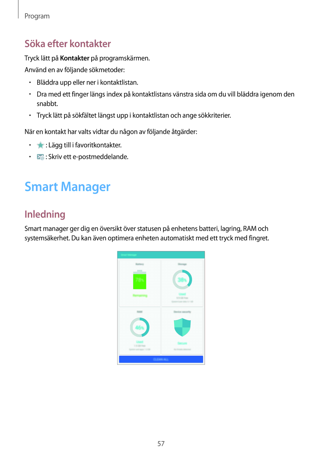 Samsung SM-T710NZWENEE manual Smart Manager, Söka efter kontakter 