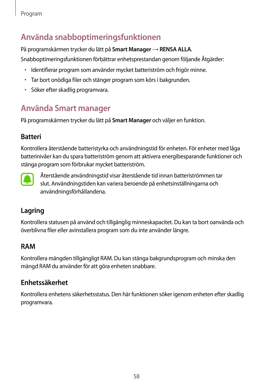 Samsung SM-T710NZWENEE manual Använda snabboptimeringsfunktionen, Använda Smart manager, Batteri, Lagring, Enhetssäkerhet 