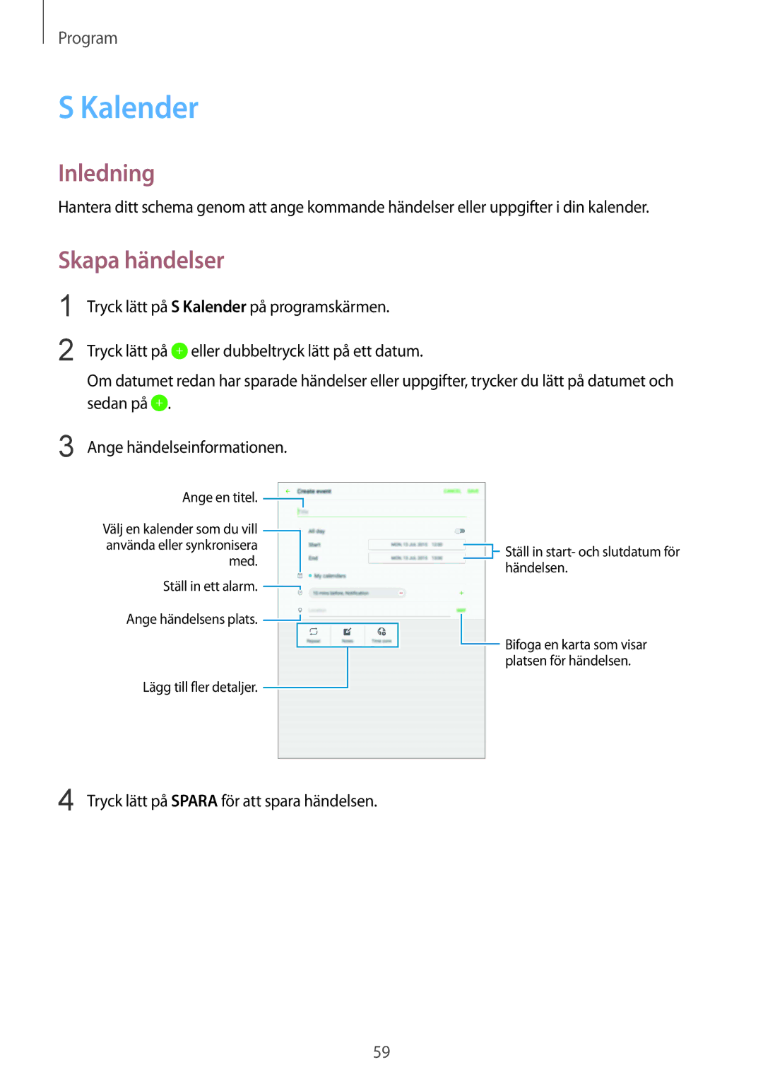 Samsung SM-T710NZWENEE manual Kalender, Skapa händelser 