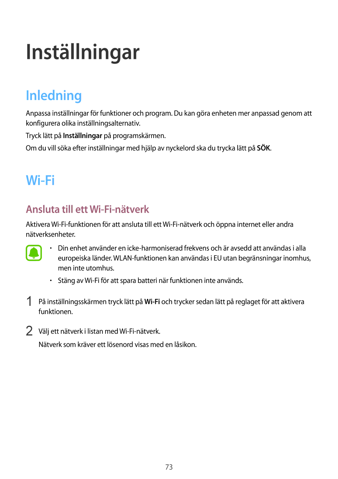 Samsung SM-T710NZWENEE manual Inledning, Ansluta till ett Wi-Fi-nätverk 