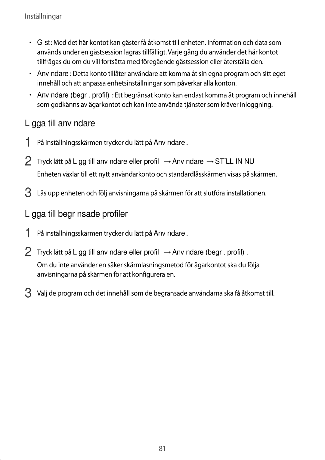 Samsung SM-T710NZWENEE manual Lägga till användare, Lägga till begränsade profiler 