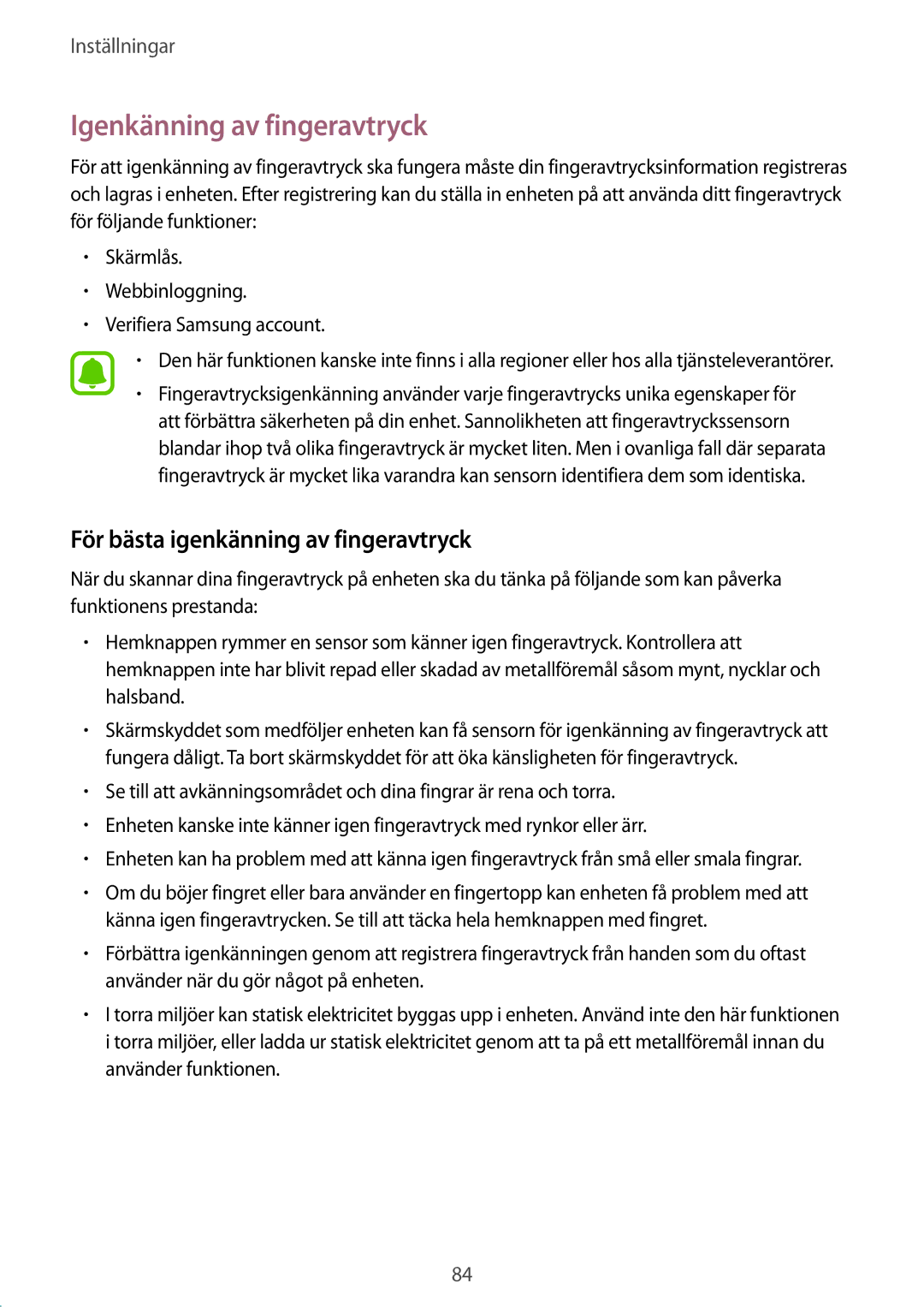 Samsung SM-T710NZWENEE manual Igenkänning av fingeravtryck, För bästa igenkänning av fingeravtryck 
