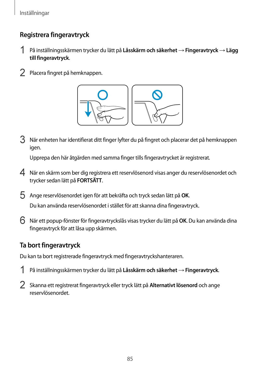 Samsung SM-T710NZWENEE manual Registrera fingeravtryck, Ta bort fingeravtryck 