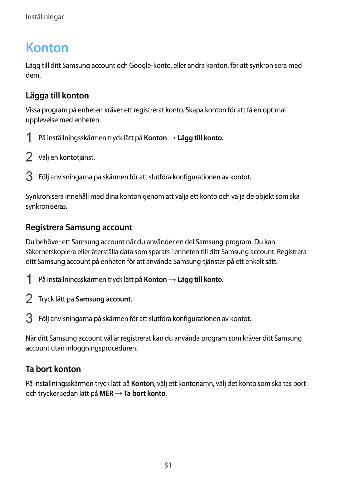 Samsung SM-T710NZWENEE manual Konton, Lägga till konton, Registrera Samsung account, Ta bort konton 