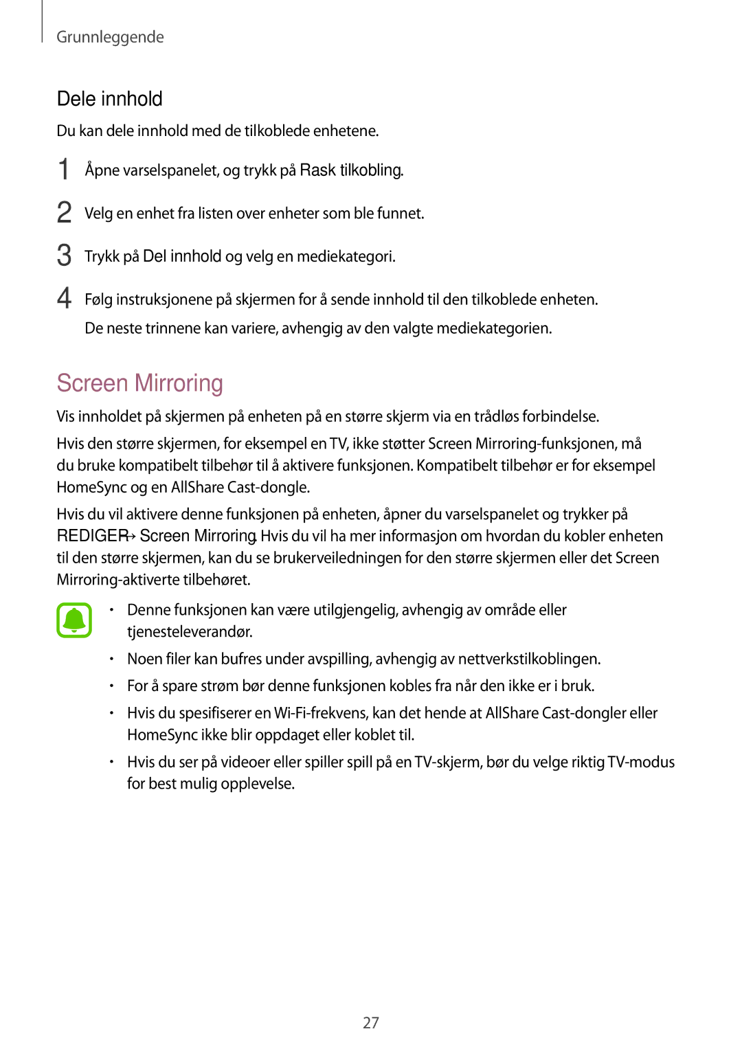 Samsung SM-T710NZWENEE manual Screen Mirroring, Dele innhold 