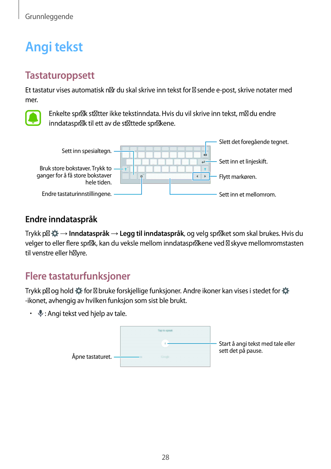 Samsung SM-T710NZWENEE manual Angi tekst, Tastaturoppsett, Flere tastaturfunksjoner, Endre inndataspråk 