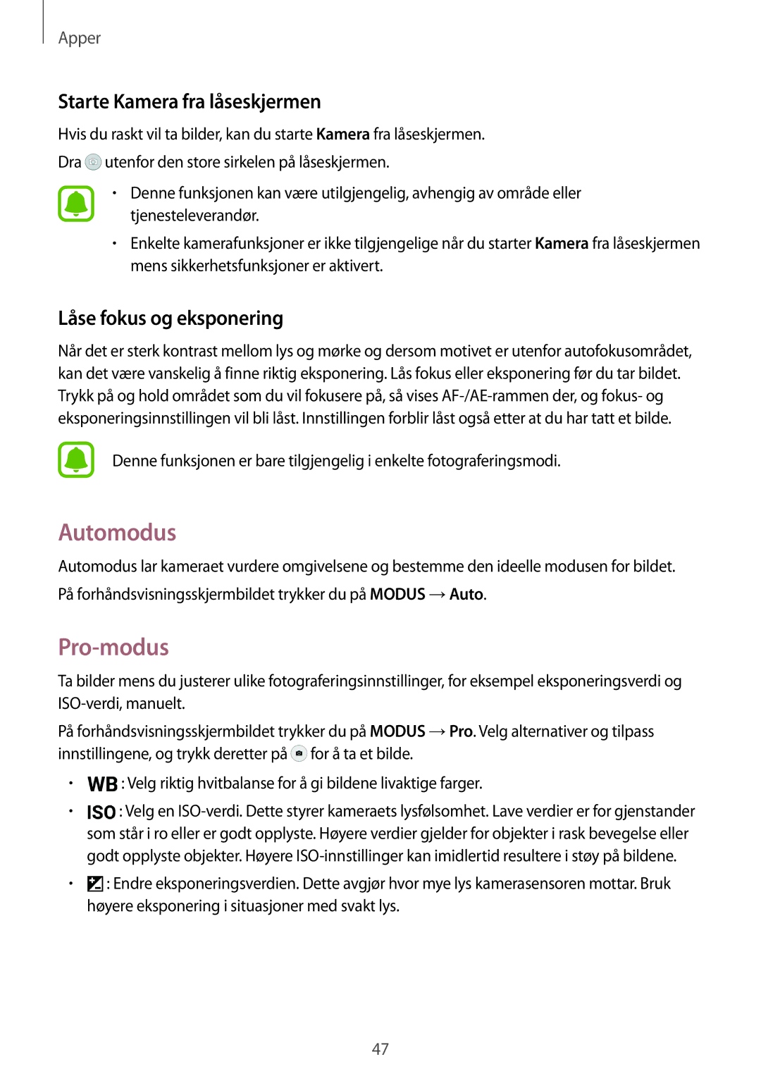 Samsung SM-T710NZWENEE manual Automodus, Pro-modus, Starte Kamera fra låseskjermen, Låse fokus og eksponering 