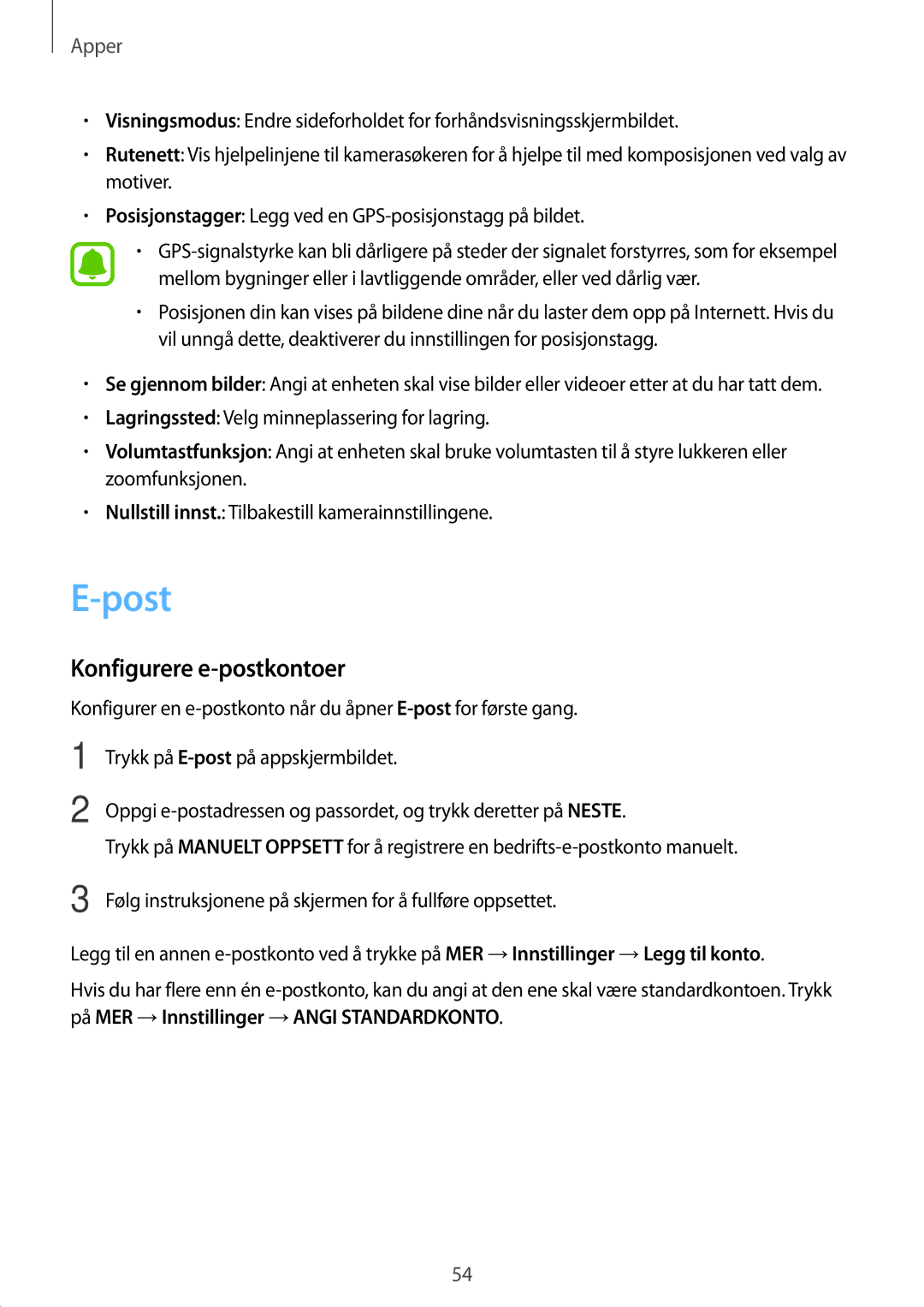 Samsung SM-T710NZWENEE manual Post, Konfigurere e-postkontoer 