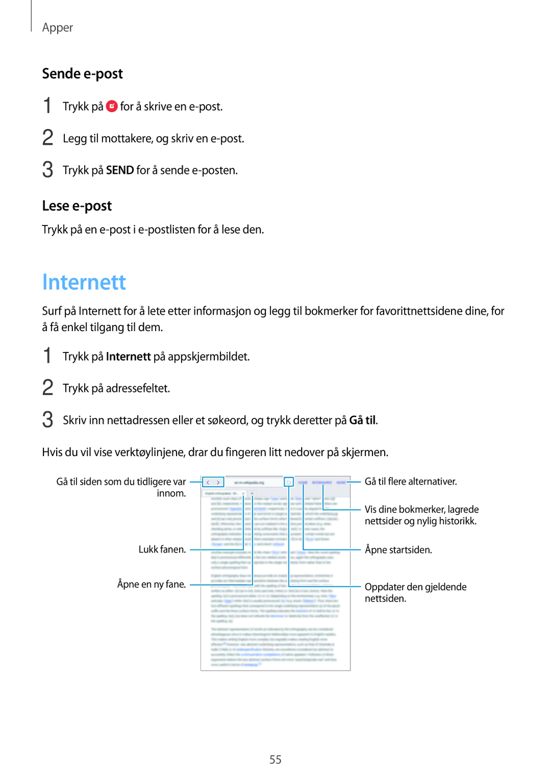 Samsung SM-T710NZWENEE manual Internett, Sende e-post, Lese e-post 