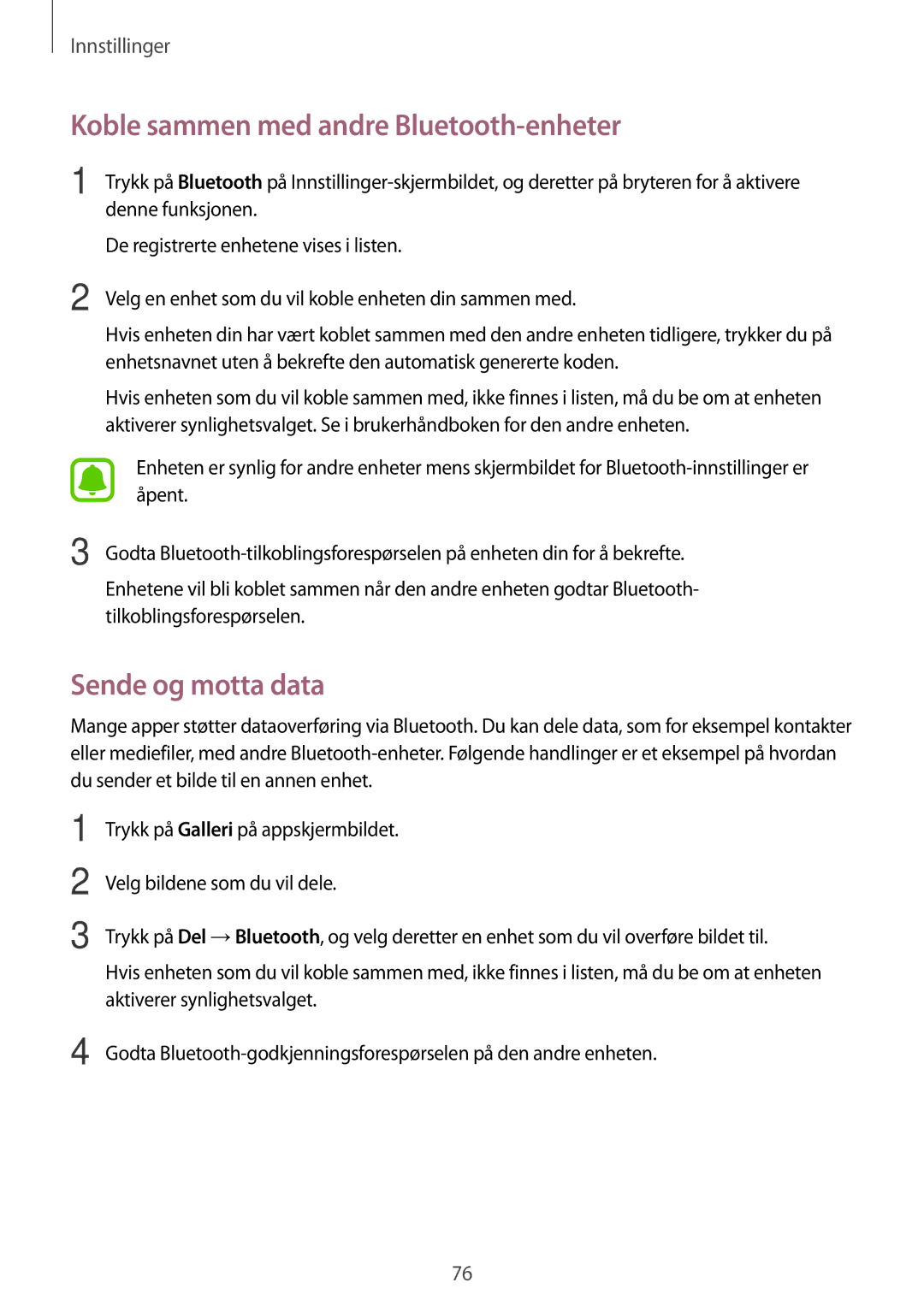 Samsung SM-T710NZWENEE manual Koble sammen med andre Bluetooth-enheter, Sende og motta data 