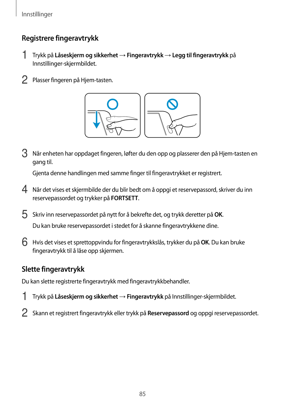 Samsung SM-T710NZWENEE manual Registrere fingeravtrykk, Slette fingeravtrykk 