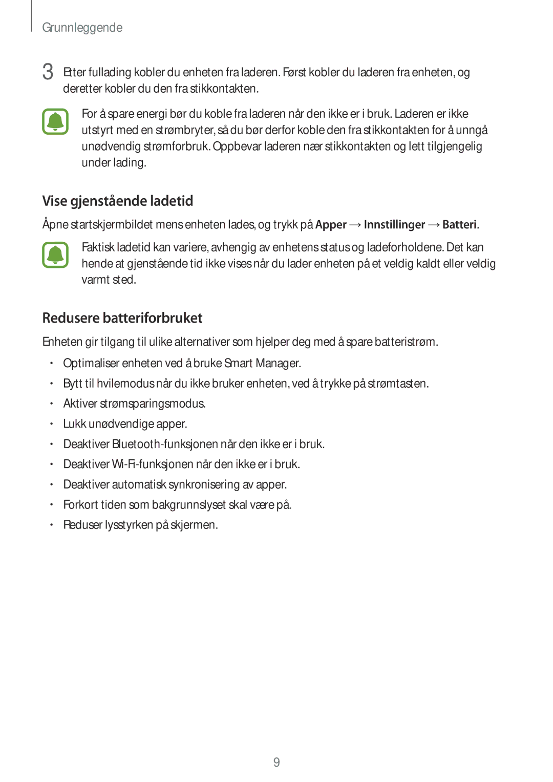 Samsung SM-T710NZWENEE manual Vise gjenstående ladetid, Redusere batteriforbruket 