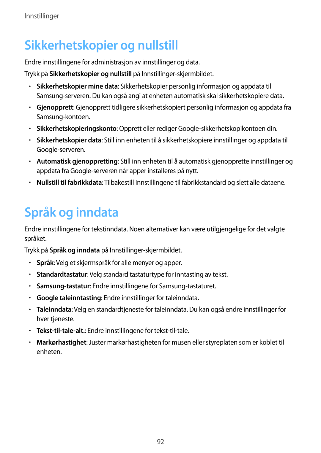 Samsung SM-T710NZWENEE manual Sikkerhetskopier og nullstill, Språk og inndata 