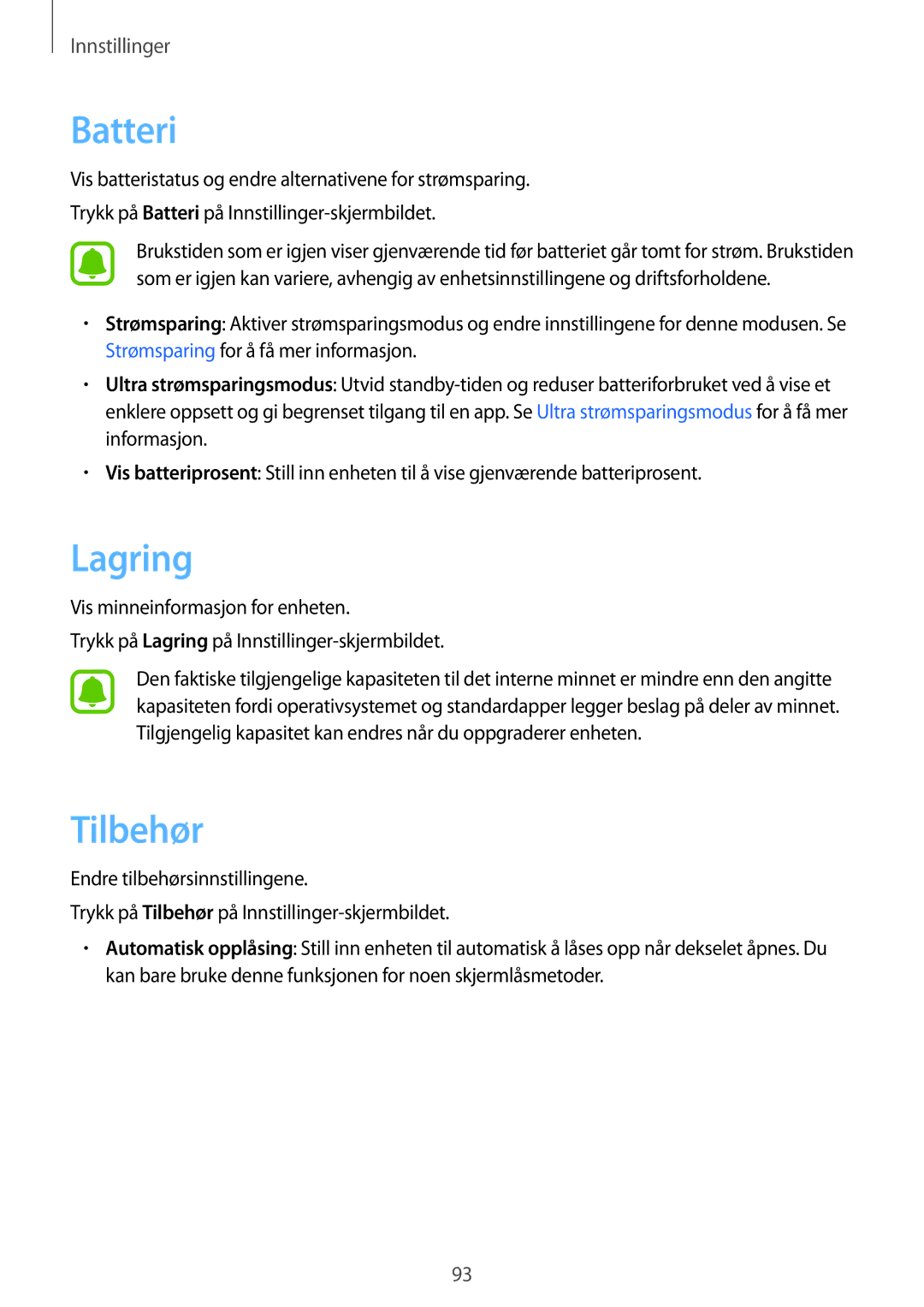 Samsung SM-T710NZWENEE manual Lagring, Tilbehør 