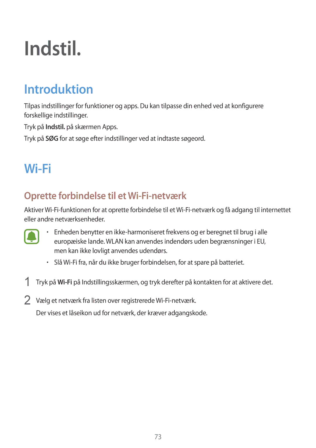 Samsung SM-T710NZWENEE manual Introduktion, Oprette forbindelse til et Wi-Fi-netværk 