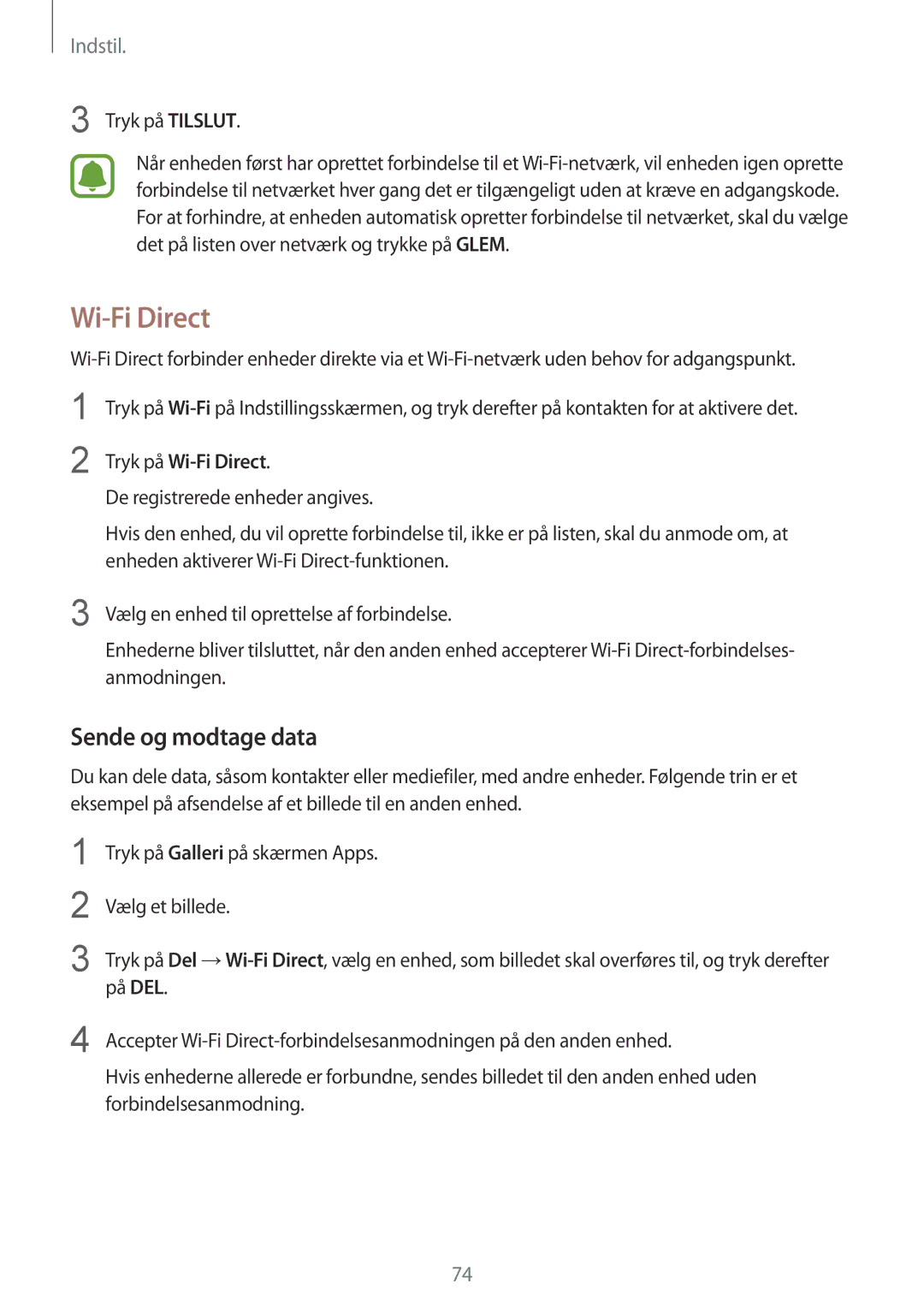 Samsung SM-T710NZWENEE manual Sende og modtage data, Tryk på Tilslut, Tryk på Wi-Fi Direct 