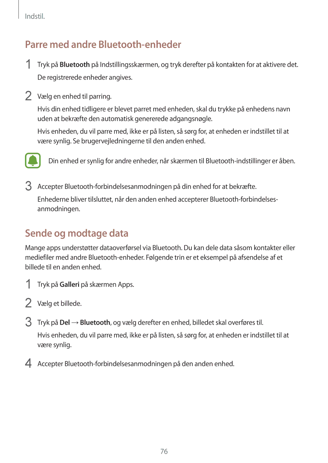 Samsung SM-T710NZWENEE manual Parre med andre Bluetooth-enheder, Sende og modtage data 