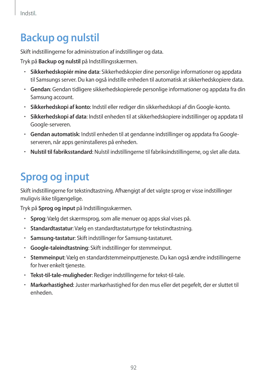 Samsung SM-T710NZWENEE manual Backup og nulstil, Sprog og input 