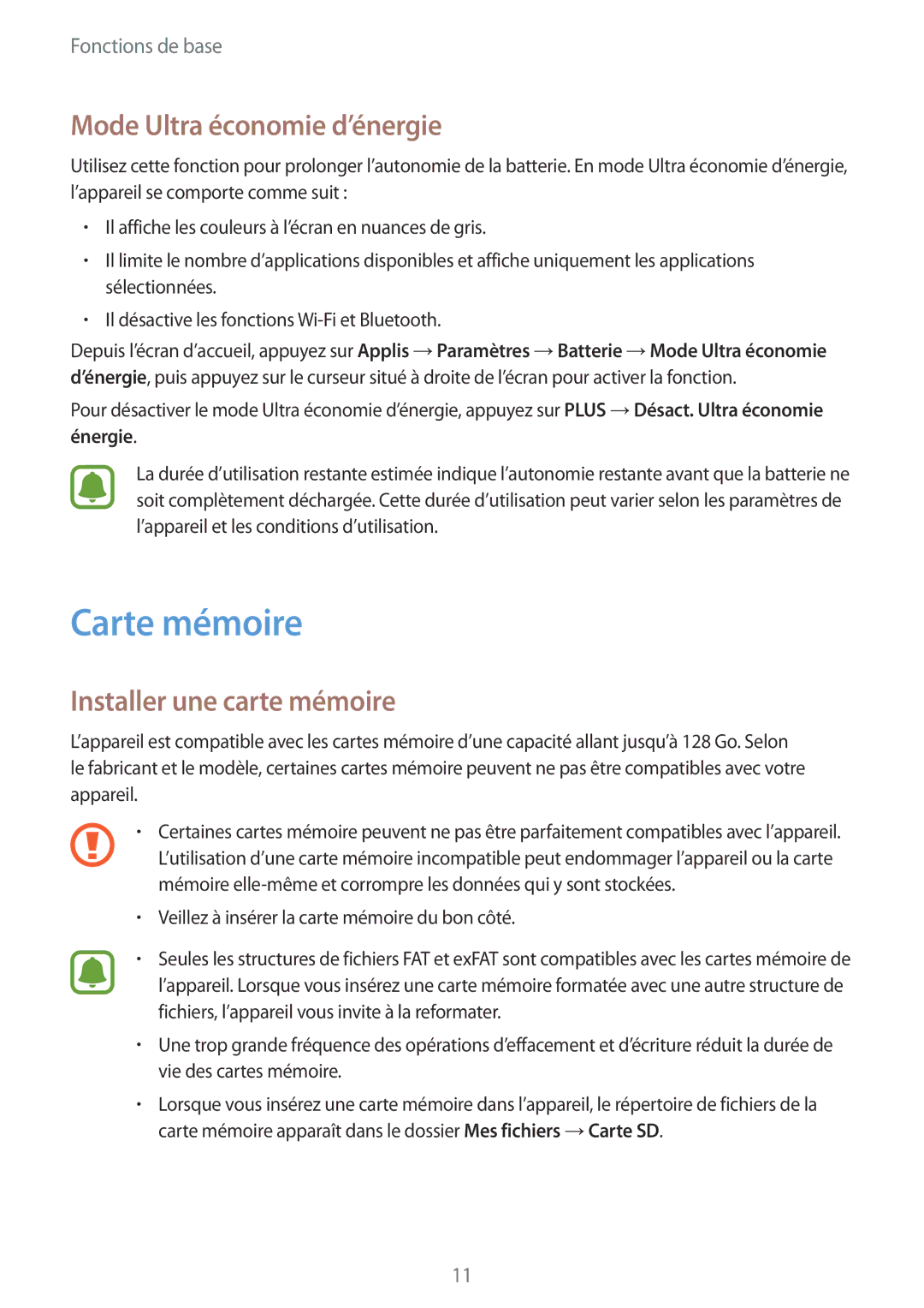 Samsung SM-T710NZKEXEF, SM-T710NZWEXEF manual Carte mémoire, Mode Ultra économie d’énergie, Installer une carte mémoire 