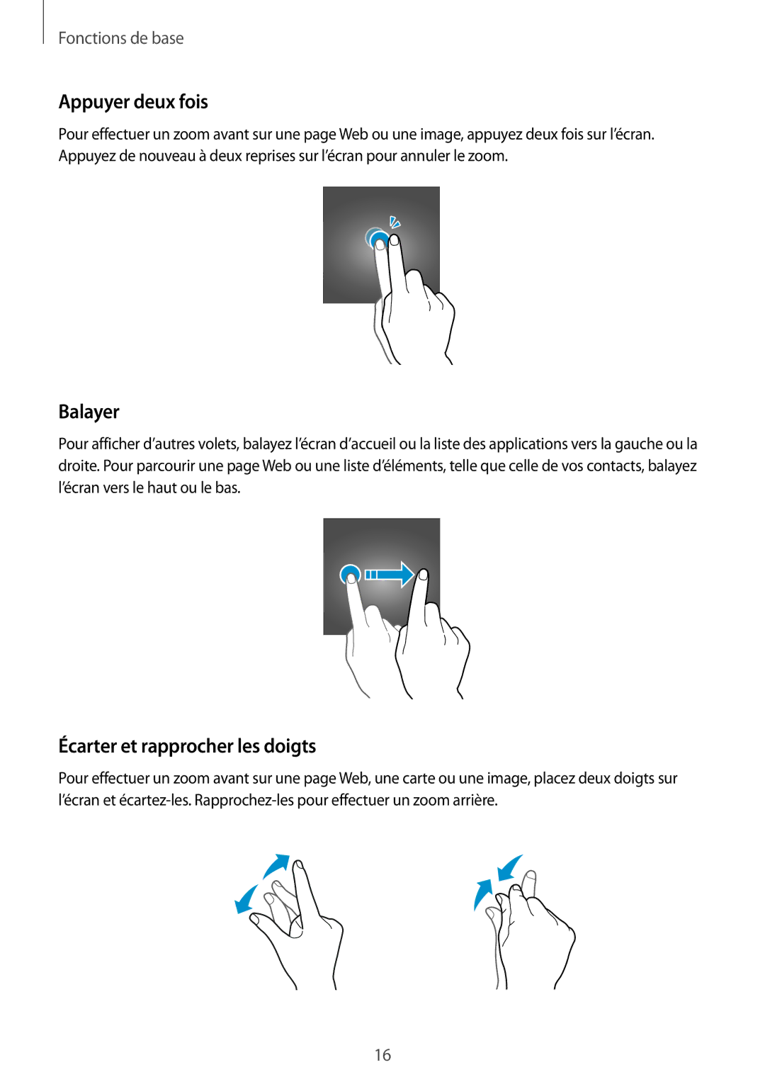 Samsung SM-T710NZWEXEF, SM-T710NZKEXEF manual Appuyer deux fois, Balayer, Écarter et rapprocher les doigts 