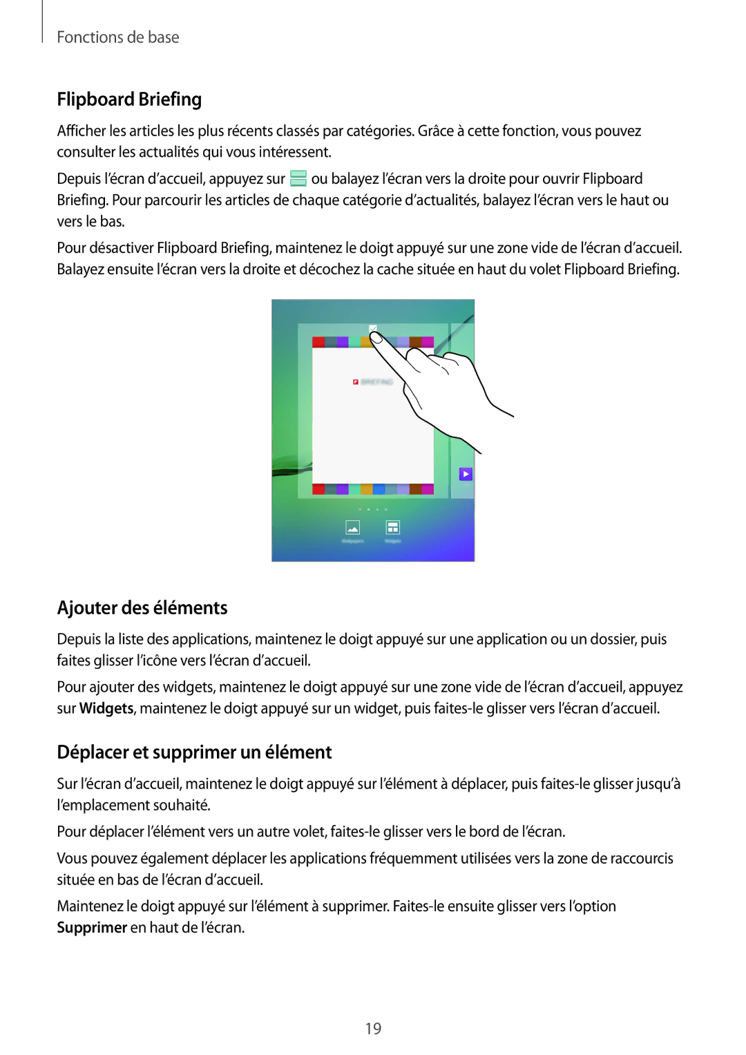 Samsung SM-T710NZKEXEF, SM-T710NZWEXEF manual Flipboard Briefing, Ajouter des éléments, Déplacer et supprimer un élément 