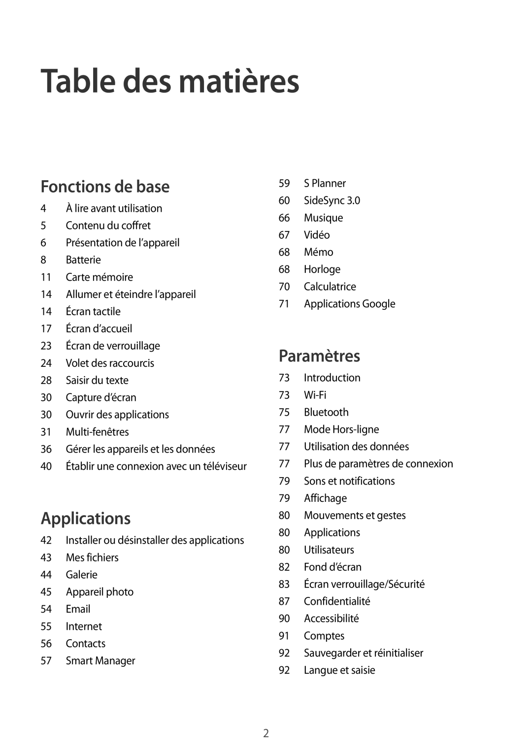 Samsung SM-T710NZWEXEF, SM-T710NZKEXEF manual Table des matières 