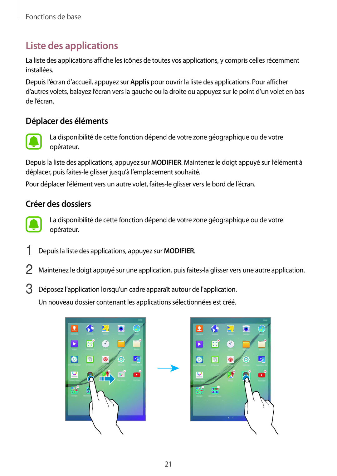 Samsung SM-T710NZKEXEF, SM-T710NZWEXEF manual Liste des applications, Déplacer des éléments 