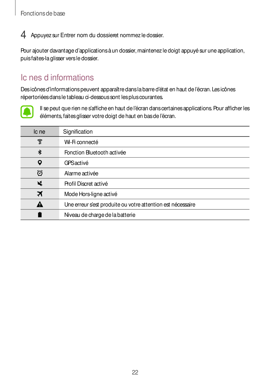 Samsung SM-T710NZWEXEF, SM-T710NZKEXEF manual Icônes d’informations, Icône Signification 