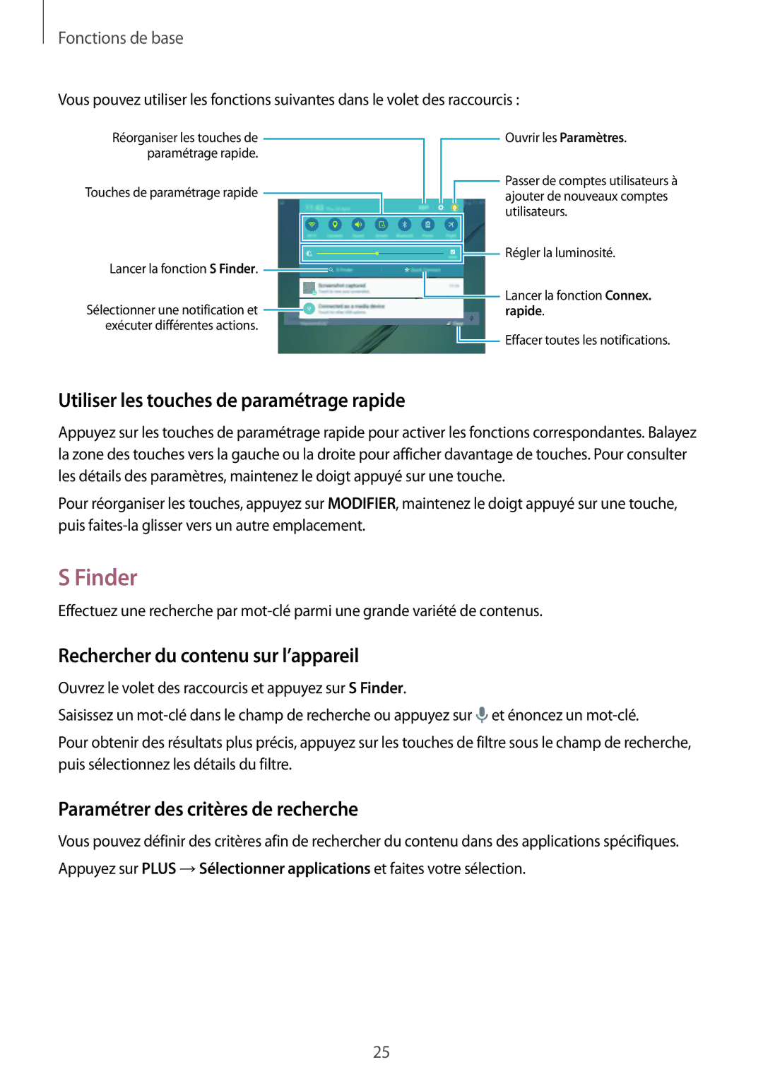 Samsung SM-T710NZKEXEF manual Finder, Utiliser les touches de paramétrage rapide, Rechercher du contenu sur l’appareil 