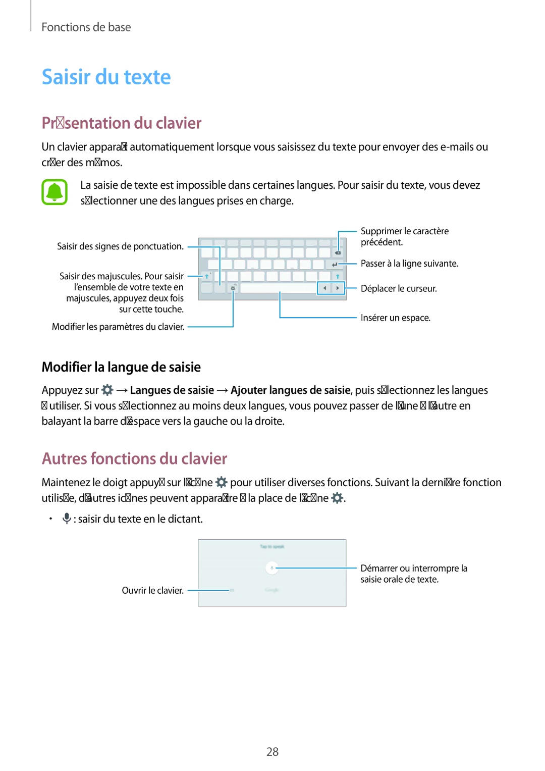 Samsung SM-T710NZWEXEF Saisir du texte, Présentation du clavier, Autres fonctions du clavier, Modifier la langue de saisie 