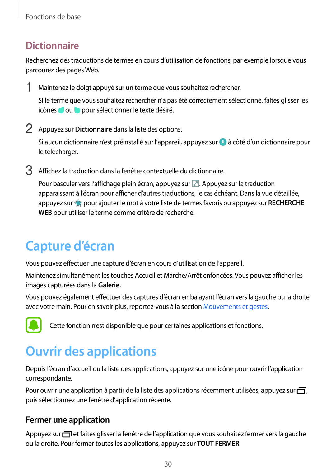 Samsung SM-T710NZWEXEF, SM-T710NZKEXEF manual Capture d’écran, Ouvrir des applications, Dictionnaire, Fermer une application 