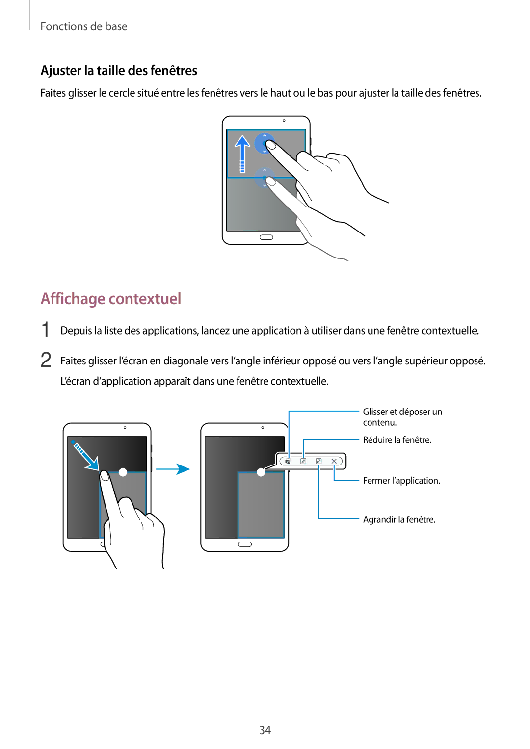 Samsung SM-T710NZWEXEF, SM-T710NZKEXEF manual Affichage contextuel, Ajuster la taille des fenêtres 