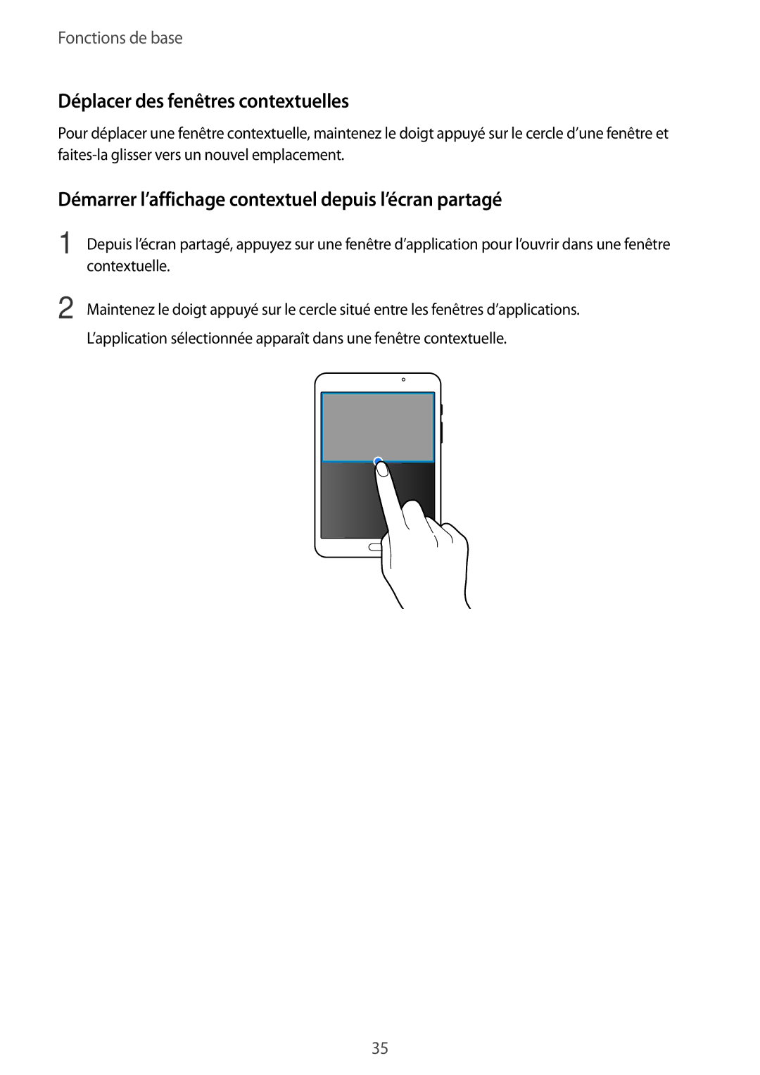 Samsung SM-T710NZKEXEF manual Déplacer des fenêtres contextuelles, Démarrer l’affichage contextuel depuis l’écran partagé 